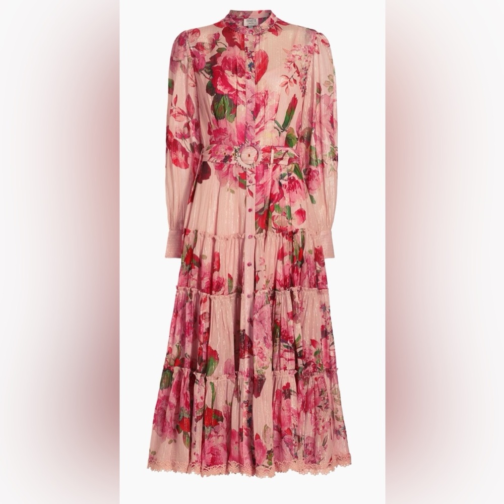 Floral metallic belted dress